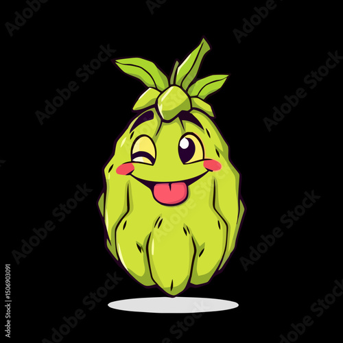 Joyful Fruit Character: A whimsical cartoon character of a vibrant green fruit, with a playful wink and a tongue playfully sticking out, exuding a sense of cheerfulness and lightheartedness.