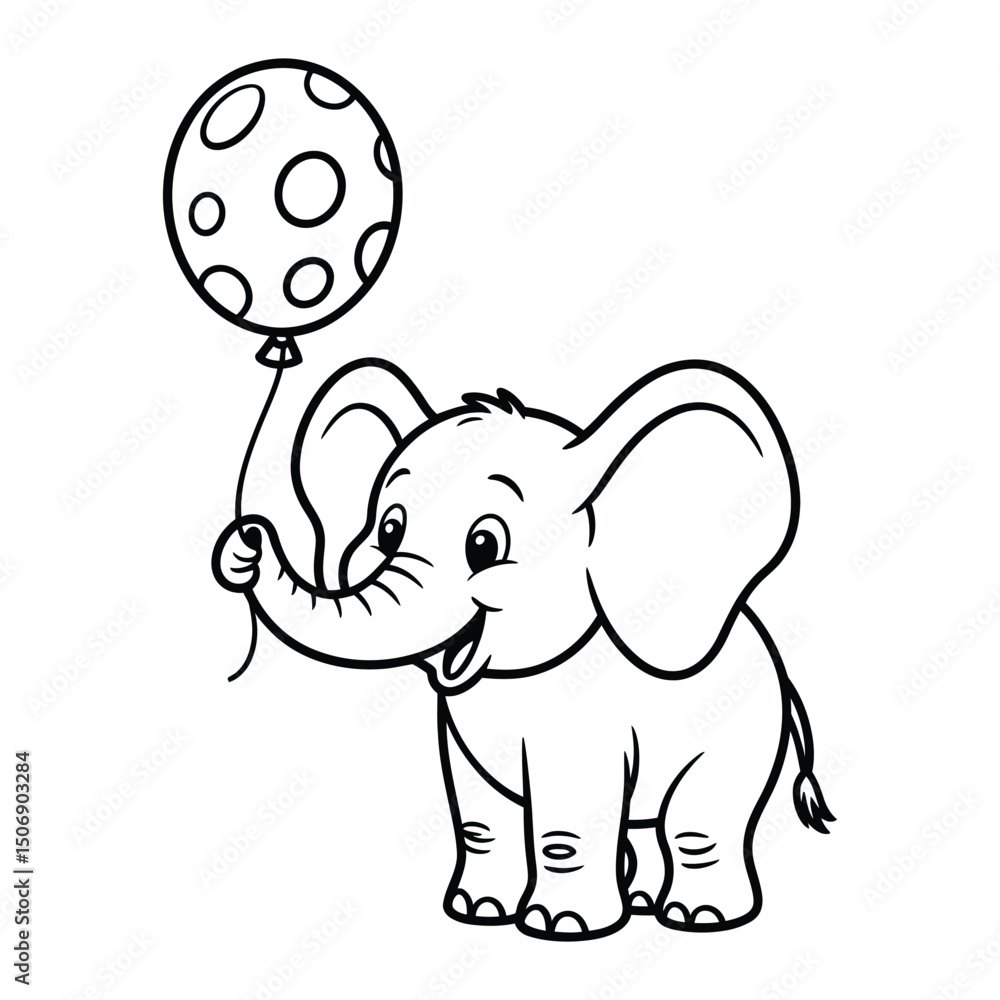 Naklejka premium Cartoon elephant with balloon Coloring Page, Silhouette, Vector, Illustration, Outline, Logo, White Background.