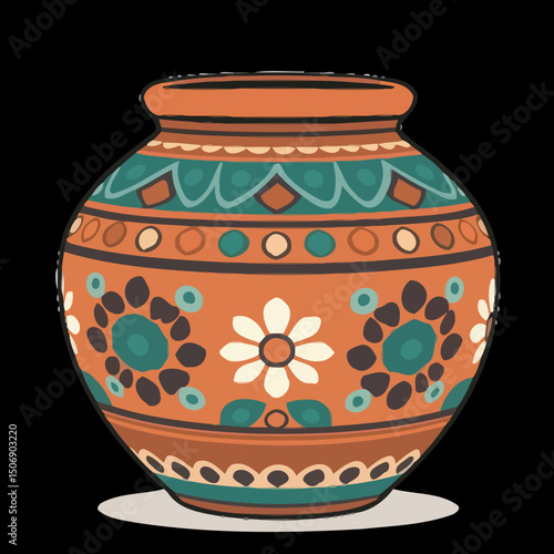 Painted Clay Pot: A beautifully painted clay pot features traditional patterns in warm earth tones with accents of white, capturing the essence of artisanal craftsmanship.