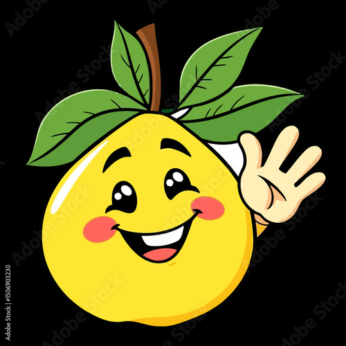 Friendly Citrus Greeting: A cheerful, cartoonish lemon waves hello. Its vibrant yellow skin and bright green leaves are complemented by a happy smile and playful expression.