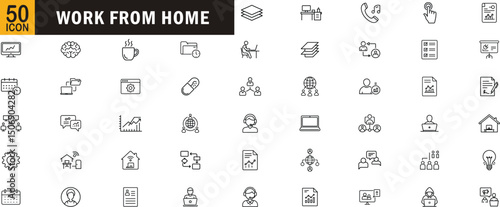 Work from home editable outline icon set. Remote, laptop, meeting, call, online, calendar and more
