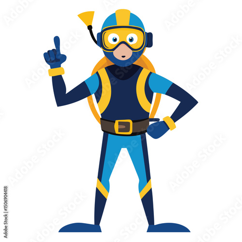 Cartoon diver character in blue and yellow scuba gear pointing upward with expression