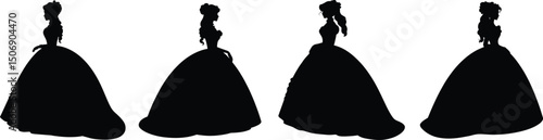 Female silhouettes in ball gowns, Victorian princess dress silhouette, Vintage Woman side view pose, Black silhouette of historical lady