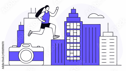parkour pose, woman is jumping between buildings urban setting, showcasing agility and excitement. scene captures essence of parkour