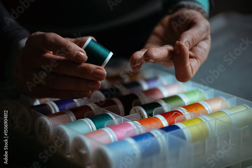 Detailed close-up photograph showing hands guiding fabric through an industrial sewing machine. The image captures the precision and craftsmanship involved in textile production and tailoring. Ideal f