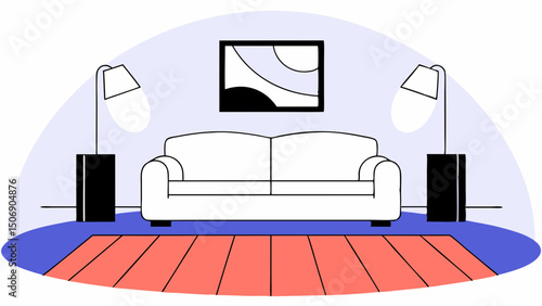 large white sofa is positioned in center of stylish living room, complemented by modern lamps and colorful rug