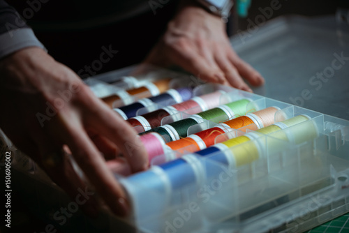 Detailed close-up photograph showing hands guiding fabric through an industrial sewing machine. The image captures the precision and craftsmanship involved in textile production and tailoring. Ideal f