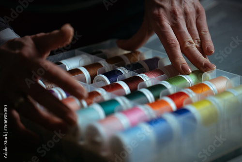 Detailed close-up photograph showing hands guiding fabric through an industrial sewing machine. The image captures the precision and craftsmanship involved in textile production and tailoring. Ideal f