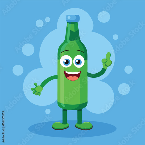 Cartoon illustration of a happy animated green beer bottle with friendly expressions