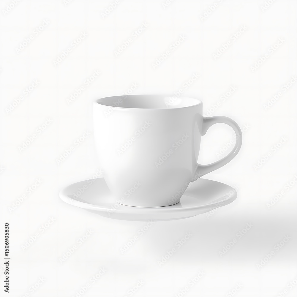 A simple white ceramic coffee cup and saucer set on a white background A simple white ceramic coffee cup and saucer set on a white background