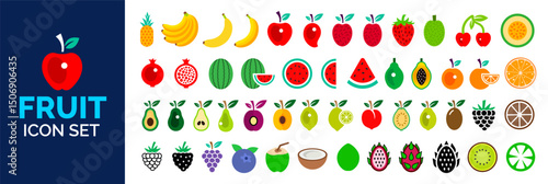 Colorful Vector Fruit Icon Set. A vibrant collection of fresh and healthy produce including berries, tropical fruits, citrus, and common favorites for food, diet bundle. Fruit icons. fruit bundle.