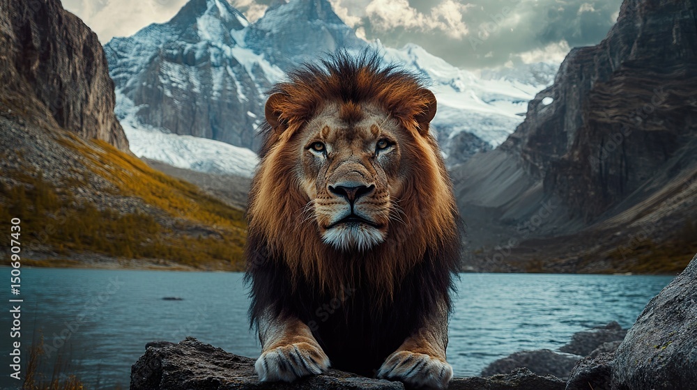 Naklejka premium Lion head with alpine wilderness, rugged exposure