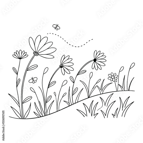 Continuous line drawing of floral meadow with dais