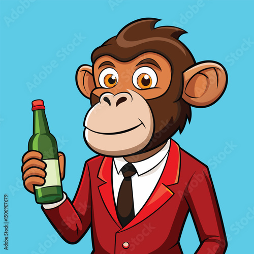 Cartoon monkey wearing suit and tie holding beer bottle against blue background