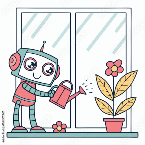 Illustration of a robot watering a flower in a pot near a window with a flower on the windowsill