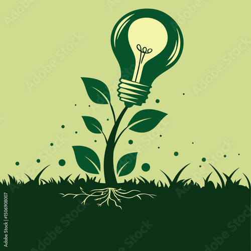 Illustration of a lightbulb growing from the ground with leaves and roots in a green color scheme design