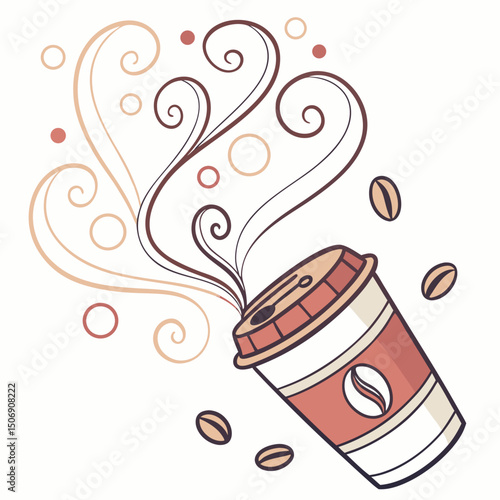 Illustration of a coffee cup with steam swirls and scattered coffee beans on a white background design style