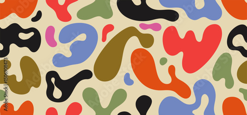 Seamless pattern liquid organic abstract shapes. Trend uneven blots, hand drawn organic amoeba blob shapes set. Colored psychedelic forms, wavy figures. Vector irregular round blot elements.