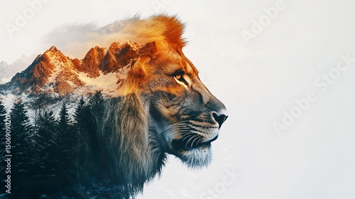 Mountain range inside lion, regal double exposure