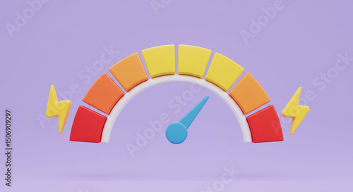 Energy Gauge with Lightning Bolts: A 3D illustration of power, speed, and performance measurement.