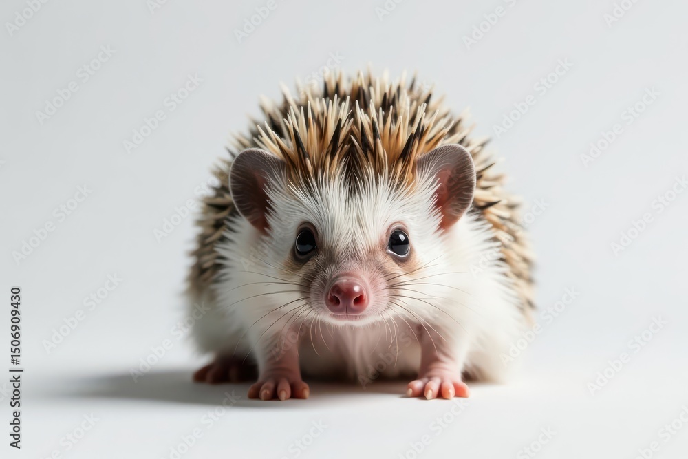 Close-up of a hedgehog on pure white backdrop, macro, mammal Close-up of a hedgehog on pure white backdrop, macro, mammal