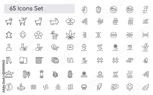 Fabric material line icon set. Linen, leather, cotton, bamboo, cashmere, mohair minimal vector illustration. Simple outline sign for clothing textile feature. Pixel Perfect, Editable Stroke