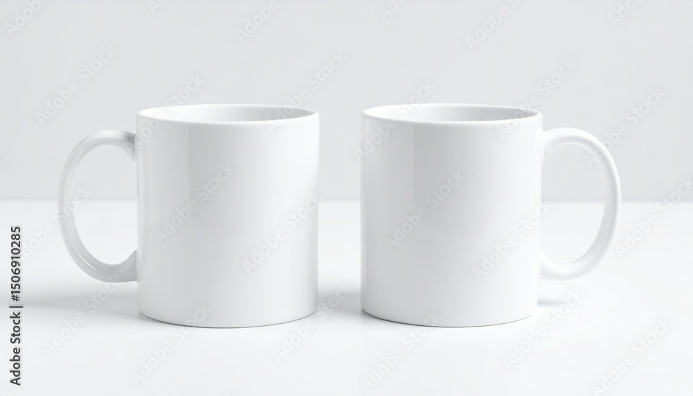 Enjoying two plain white coffee mugs minimalistic hot drink scene clean white background side view perspective Enjoying two plain white coffee mugs minimalistic hot drink scene clean white background side view perspective