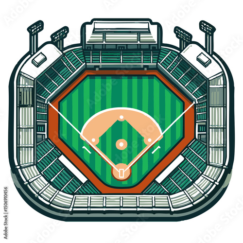 Baseball stadium layout with green field and seating arrangement  
