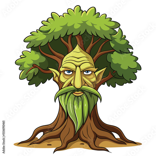 Cartoon forest spirit avatar with green beard and blue eyes growing from oak tree illustration