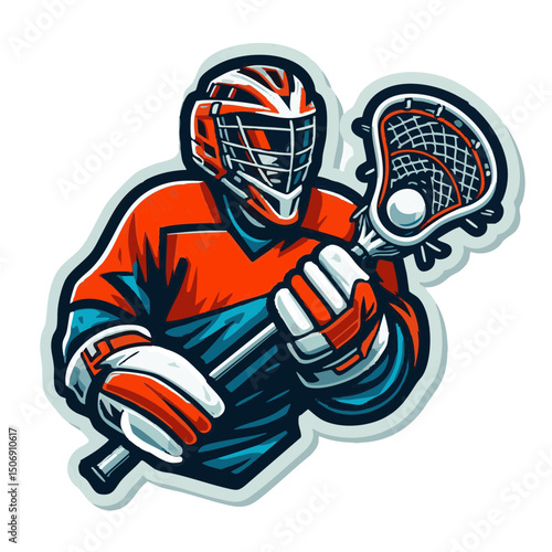 Lacrosse goalkeeper in action holding stick and ball in uniform  