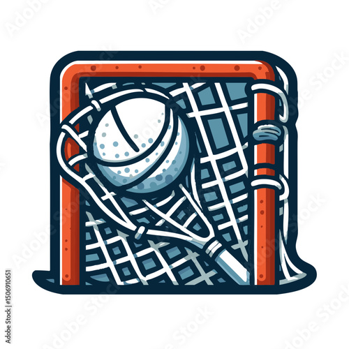 Lacrosse ball nestled in net of goal with stick in background  