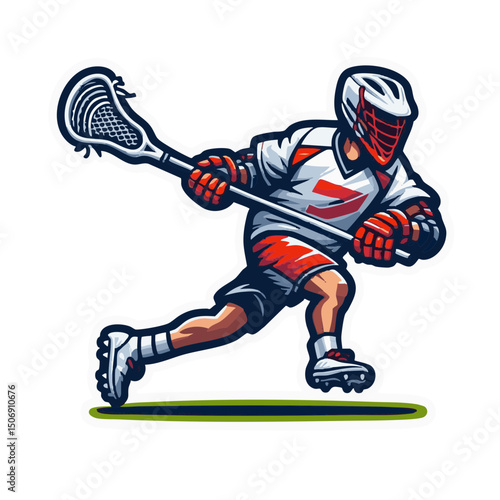 Lacrosse player in action wearing protective gear and uniform  