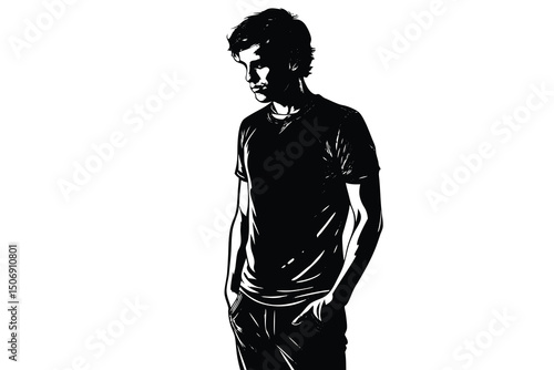 Contemplative young man with hands in pockets and white minimalist artistic illustration