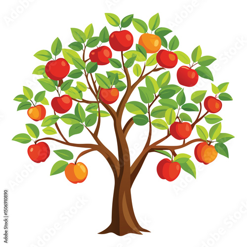 Decorative apple tree illustration with red and orange fruits amidst green leaves on white background