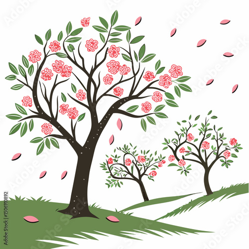 Decorative illustration with blooming trees and falling petals on green grass vector design for spring season