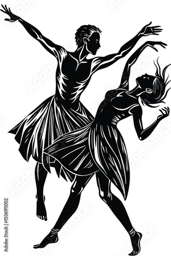 Elegant and white silhouette illustration of dynamic ballet dancers in poise expressing grace and artistry through fluid movement