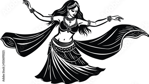 Elegant and white silhouette of a beautiful belly dancer in flowing garments expressing graceful movement and traditional artistic style