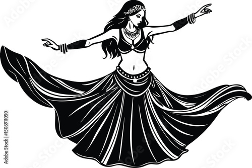 Elegant belly dancer silhouette graceful movement and intricate details and white artistic rendition captivating performance oriental dance