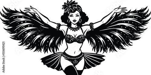 Elegant showgirl with feather wings and white vintage style illustration for dance performances and retro themes