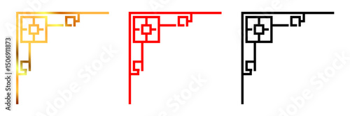 Asian style decorative corner frames in gold, red, and black. Vector design with geometric, traditional patterns. Perfect for invitations, borders, or ornamental art in Asian themes.