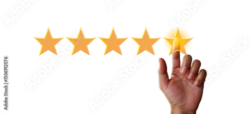 Hand reaching for a star rating in business evaluation online review environment concept of quality assessment