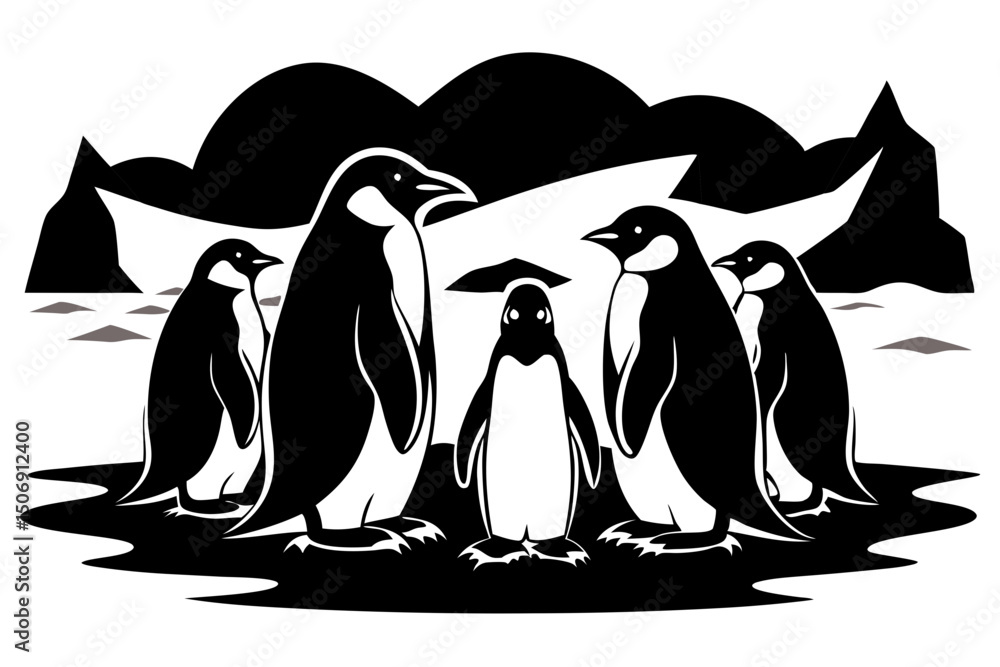 Obraz premium Emperor Penguins in a Landscape Simple Monochrome Illustration