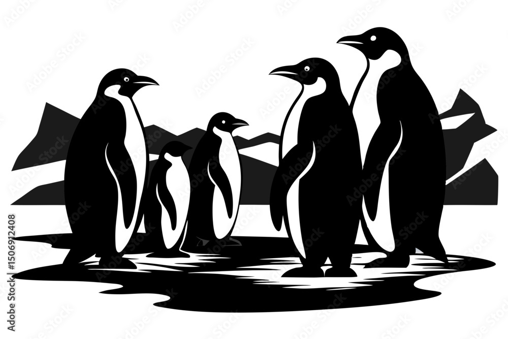 Fototapeta premium Emperor Penguins in Antarctica Minimalist Black and White Illustration Wildlife Conservation