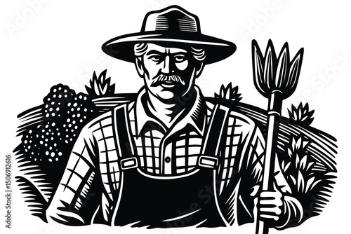Monochrome farmer illustration holding a pitchfork standing in a field featuring plaid shirt and overalls