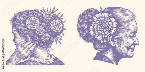 Purple Marigold in Grandma’s Hair Bun Vintage Style Woodcut Engraving | Floral Line Art Illustration | Botanical Retro Drawing for Print, Decor, Crafts & Design Projects