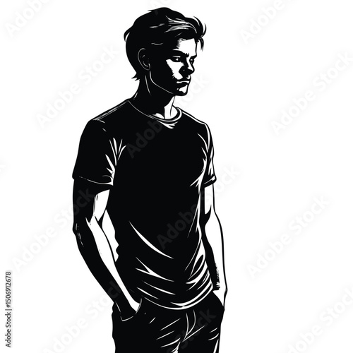Monochrome illustration of pensive young man with hands in pockets looking away isolated on white backdrop revealing masculine elegance