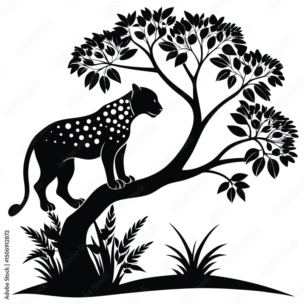 custom made wallpaper toronto digitalPanther silhouette on a tree branch with foliage jungle animal design artistic and white vector