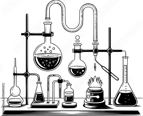 A detailed, vintage-style line drawing of a chemistry lab setup.