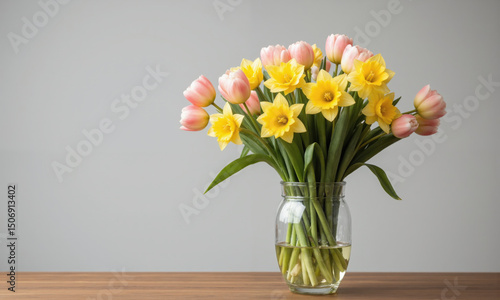 Wallpaper Mural Spring Melody (Tulips Daffodils Hyacinths) tall, cylindrical glass vase with water refracting delicate pastel hues, holding a vibrant Torontodigital.ca