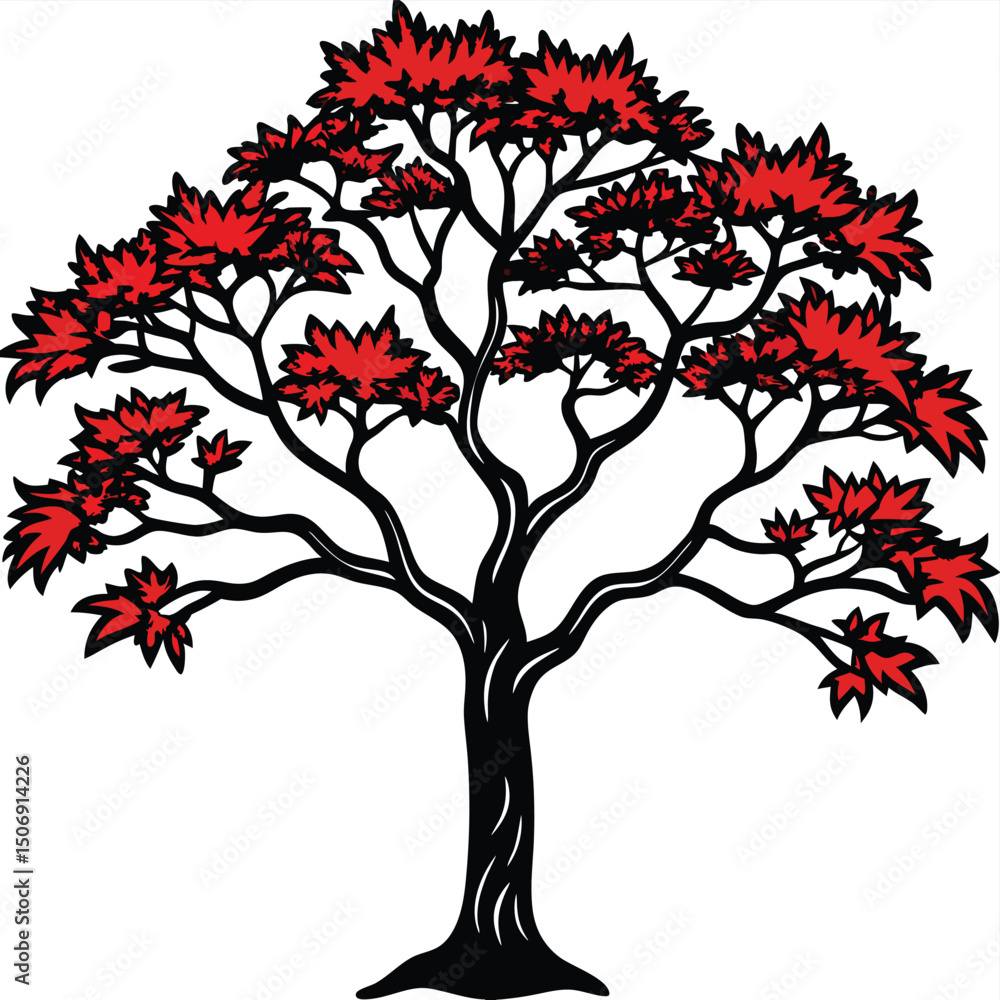 Fototapeta premium Stylized tree vector illustration with red foliage and branches on white background beautiful nature element